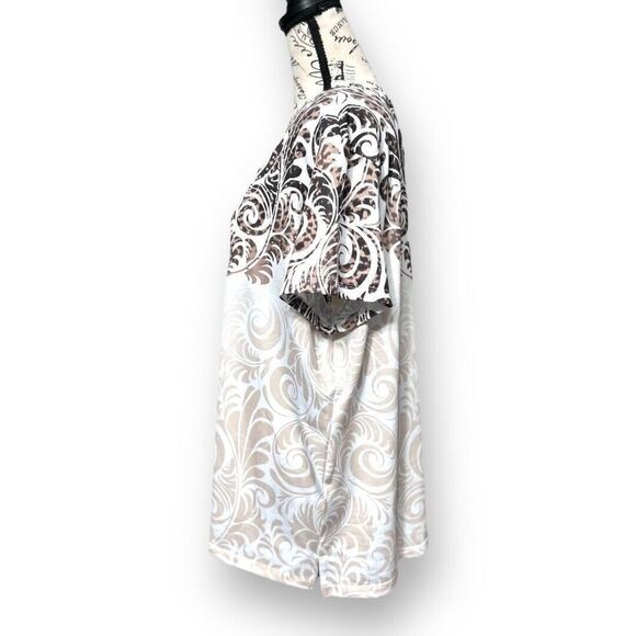 Chico's Zenergy 3 XL Brown White Scroll Top Beaded Stretch Knit Boho Blouse NWT - Picture 2 of 10